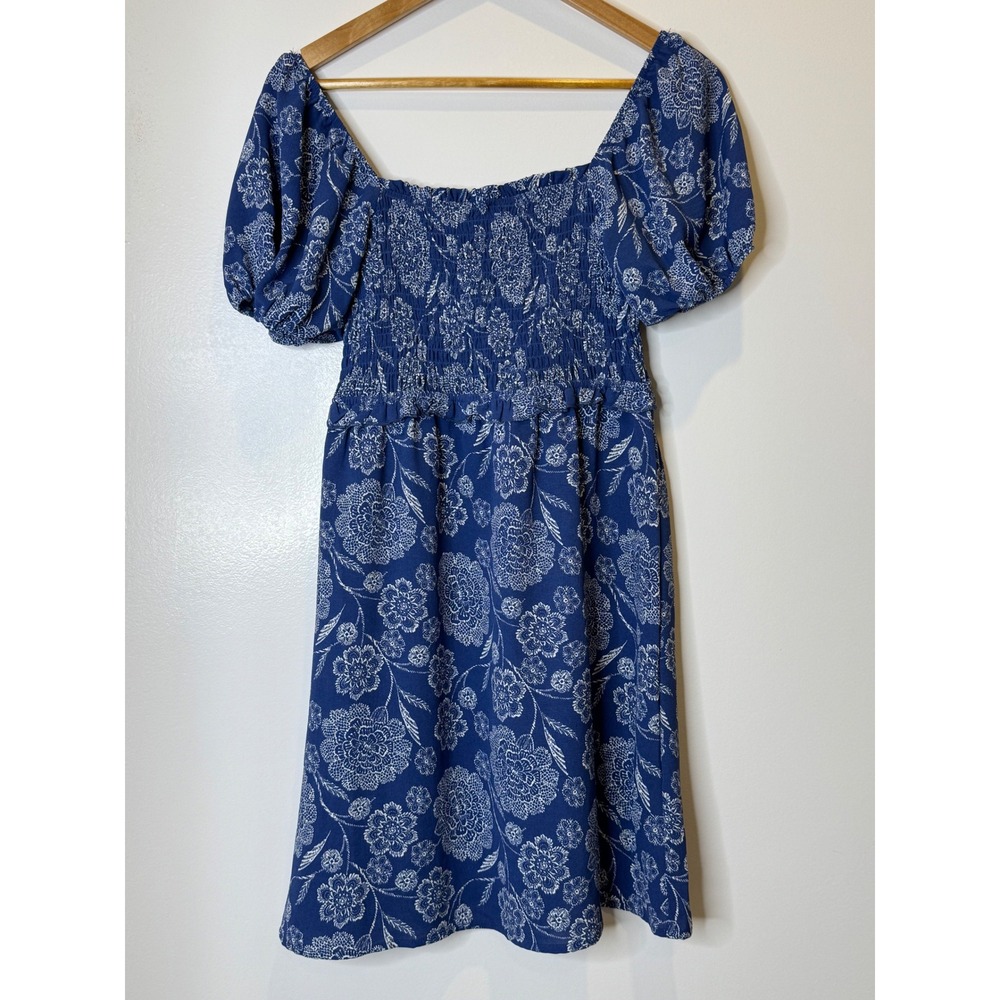 Size S Blue White Floral Smocked Puff Sleeve Dress Coquette Cottagecore Chic